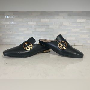 Tory Burch Sydney Black Leather Logo Backless Block Heel Loafers Mules